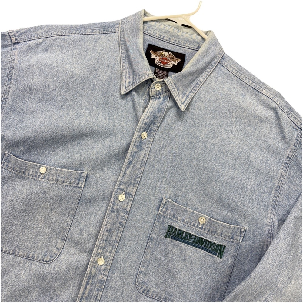 Vintage 90s Harley Davidson Denim Shirt Mens XL Long Sleeve Button Up Biker Work